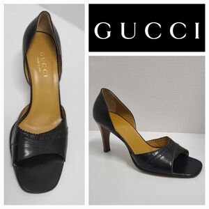 Gucci Vintage Black Leather D'Orsay Wood Heel Pumps Sz 7
